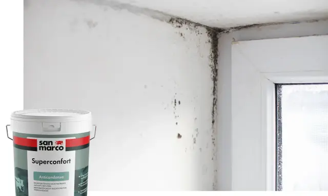 Angolo di una stanza con muffa sul muro e sul soffitto, accanto a un barattolo di vernice antimuffa San Marco Superconfort Anticondensa.