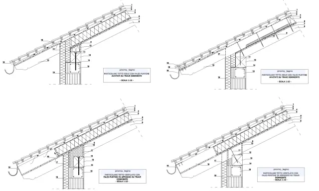 Dettaglio costruttivo: collegamento cordolo-trave in legno con falsi-puntone avvitato.
