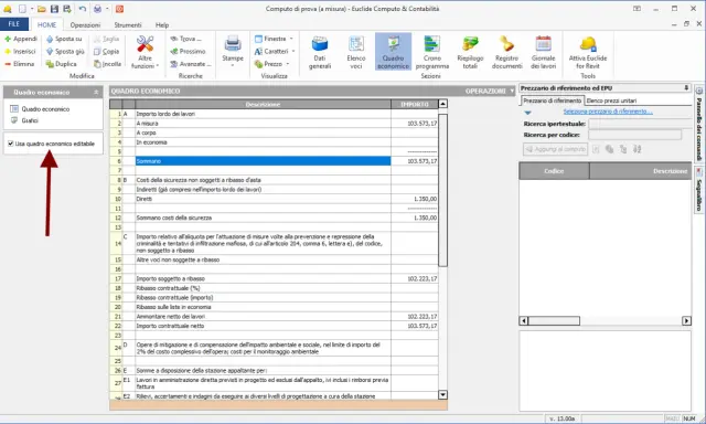 Il quadro economico mostra voci di costo e importi, con la possibilità di renderlo editabile.
