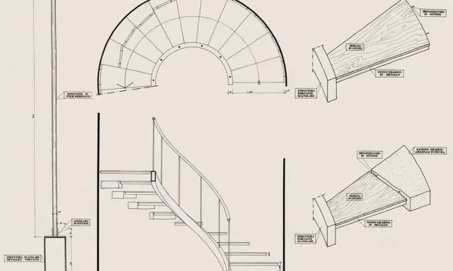 Disegno tecnico di una scala a chiocciola con dettagli sui materiali e sulla struttura portante, conforme alla normativa scale.