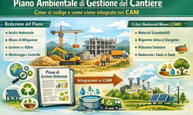 Illustrazione che mostra le fasi di un piano ambientale di cantierizzazione: redazione, integrazione nei CAM e criteri ambientali minimi, con elementi grafici di un cantiere e un impianto industriale.