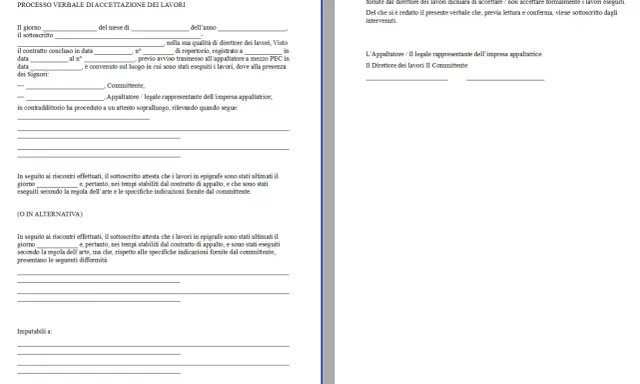 Verbale di fine lavori privati fac simile: documento per accettazione lavori, con spazi per committente, appaltatore e direttore lavori.