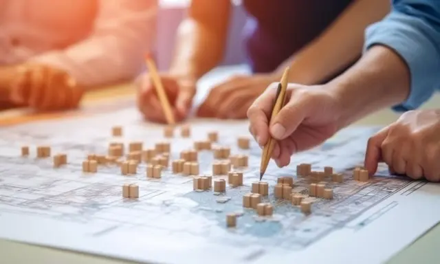 Mani che studiano una mappa con modelli di edifici, per capire cosa sono gli standard urbanistici e come definire lo sviluppo di una città.
