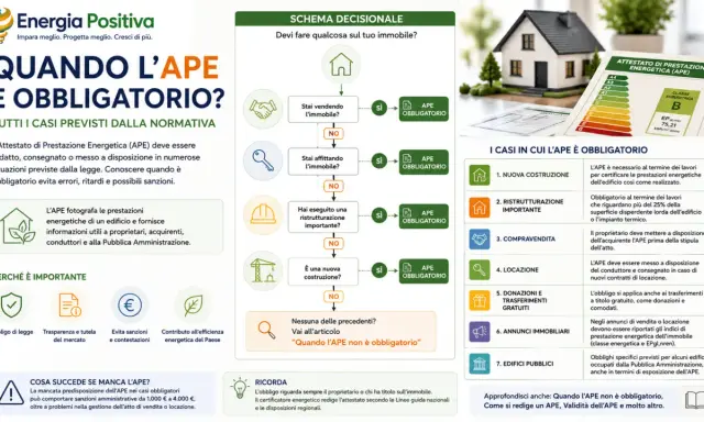 Schema decisionale sull'APE: quando è obbligatorio? Vendita, affitto, ristrutturazione o nuova costruzione rendono l'Attestato di Prestazione Energetica necessario.