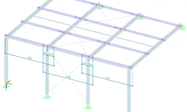 Modello 3D di una struttura metallica con pilastri, travi e controventature. Evidenziato un giunto strutturale con quote dimensionali.