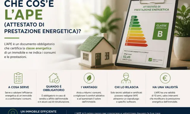 L'APE, attestato di prestazione energetica, è un documento che certifica la classe energetica di un immobile. Solo tecnici abilitati chi rilascia ape.