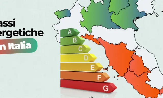 Mappa dell'Italia con le classi energetiche. Le regioni sono colorate in base all'efficienza, con una scala da A (verde) a G (rosso).