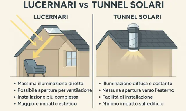 Confronto tra lucernari e tunnel solari: il lucernario porta luce diretta, il tunnel solare diffusa. Entrambi migliorano la luce solaio.
