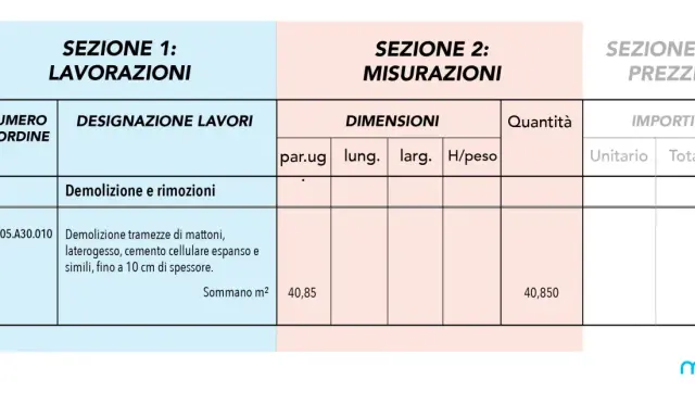Tabella di computo metrico per ristrutturazione: sezione lavori, misurazioni e prezzi. Dettaglio demolizione tramezze.