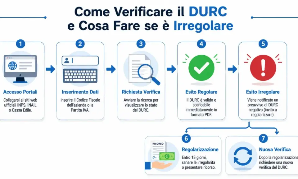 Schema su come verificare il DURC: accesso portali, inserimento dati, richiesta verifica, esito regolare o irregolare, regolarizzazione e nuova verifica.