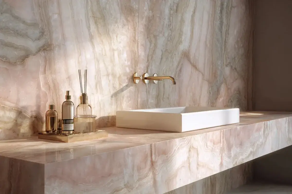Bagno di lusso con lavabo bianco e rubinetto dorato, su un piano e parete in onice rosa antico. Perfetto per chi cerca idee sui colori da abbinare al rosa antico.