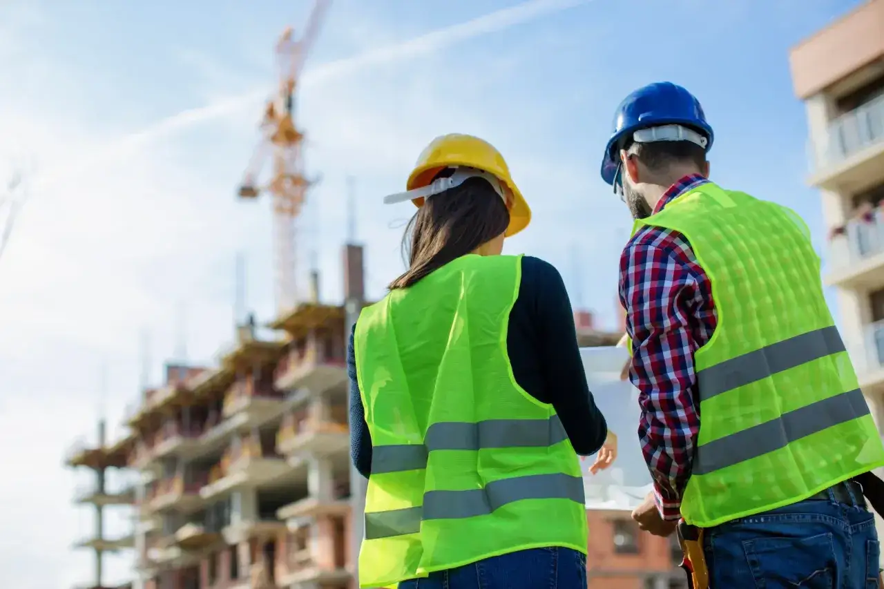 Due operai edili, con caschi e giubbotti ad alta visibilità, esaminano un progetto in un cantiere. Si capisce cos'è: un futuro edificio.