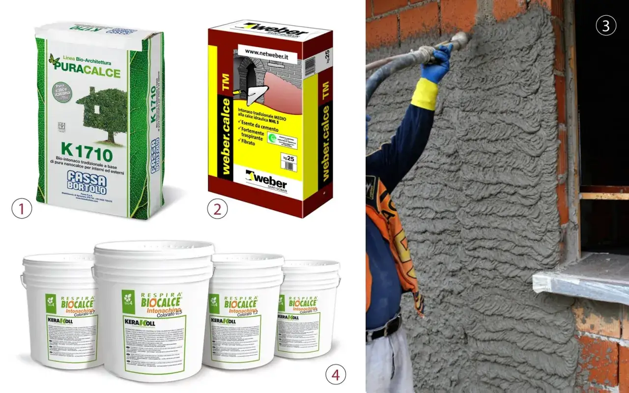 Applicazione di intonaco o stucco a base di calce su un muro di mattoni. Prodotti per l'edilizia in sacchi e secchi.