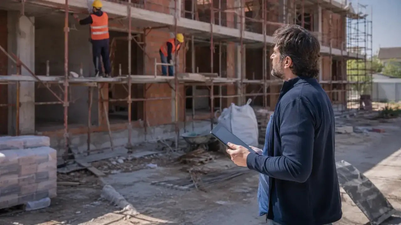 Uomo con tablet osserva cantiere edile. Potrebbe documentare lavori edili senza autorizzazione, rischiando sanzioni.