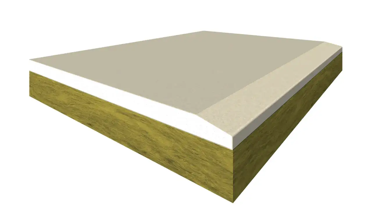 Sezione di un pannello isolante con cartongesso REI, composto da uno strato esterno in cartongesso, uno strato intermedio bianco e uno strato interno isolante di colore giallo-verde.