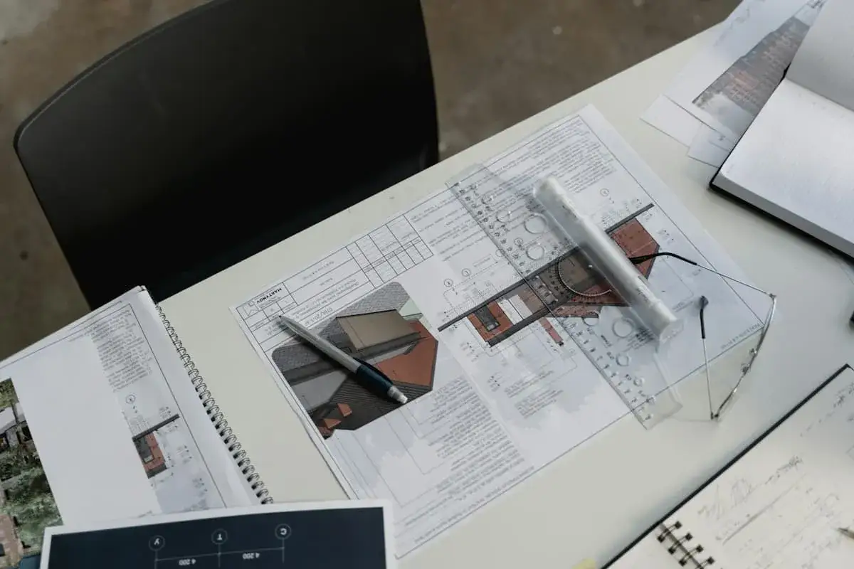 Progetto architettonico su tavolo, con righello, penna e occhiali. Un super dia per un lavoro di precisione.