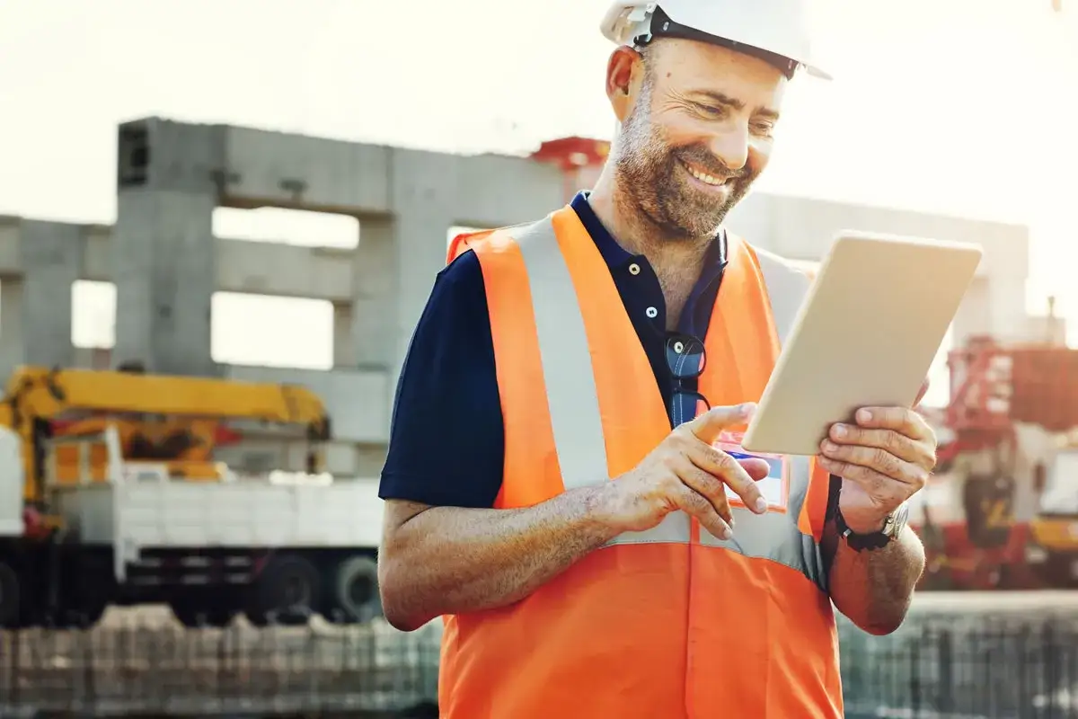 Operaio sorridente con tablet in cantiere, verifica il durc di congruità. Gru e strutture in cemento sullo sfondo.