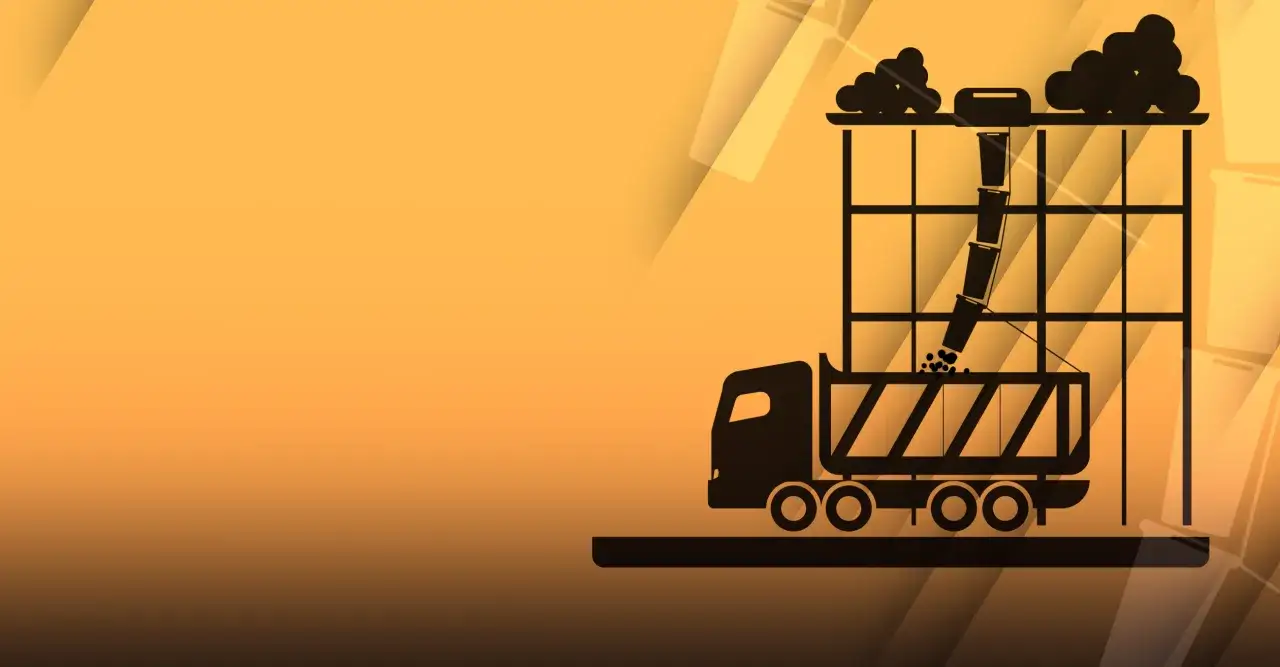 Silhouettes di un camion e di una struttura per lo smaltimento di detriti, con materiale che cade in un camion. Ideale per un formulario rifiuti edili.