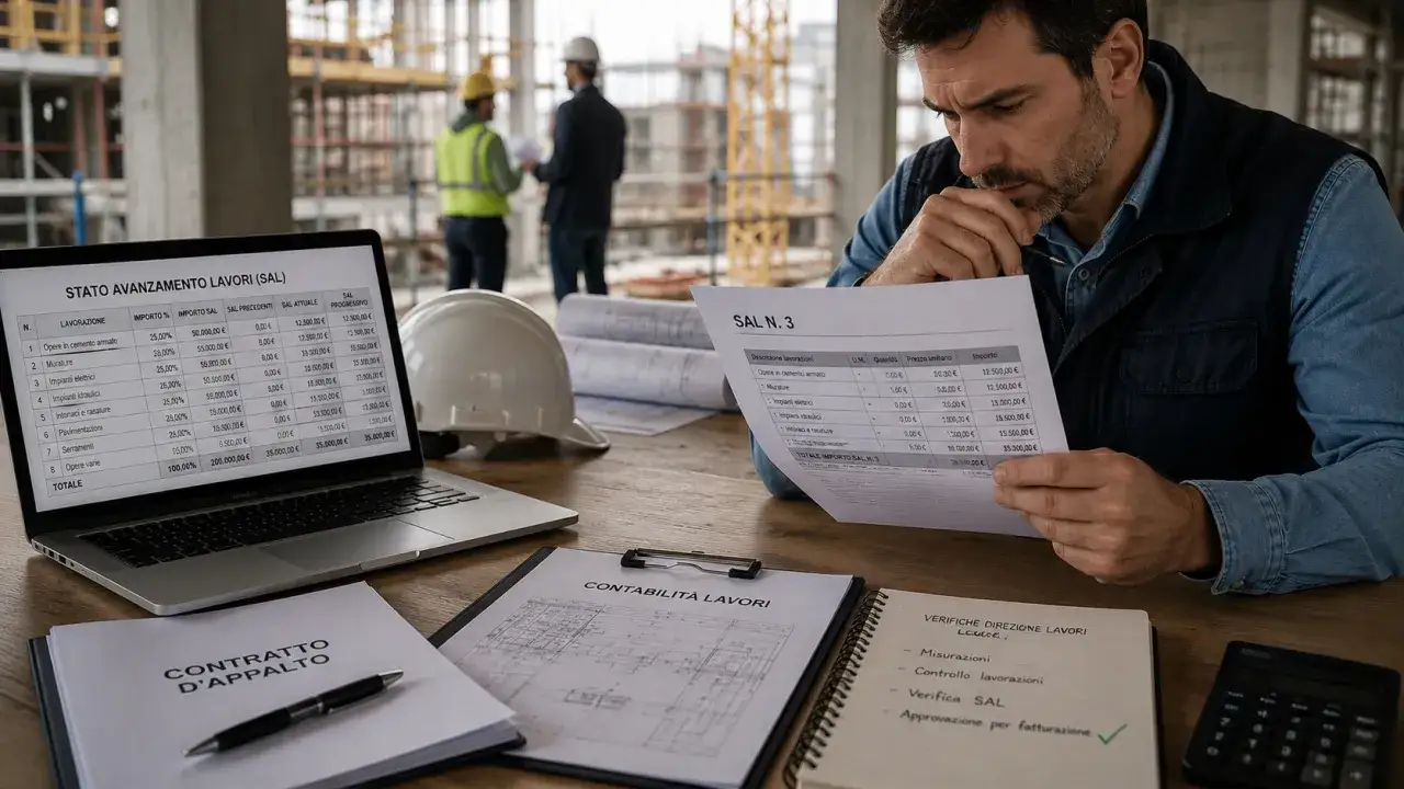 Uomo esamina documenti su cantiere. Sul tavolo, laptop con stato avanzamento lavori (SAL) e fogli con dettagli del pagamento stato avanzamento lavori privati.