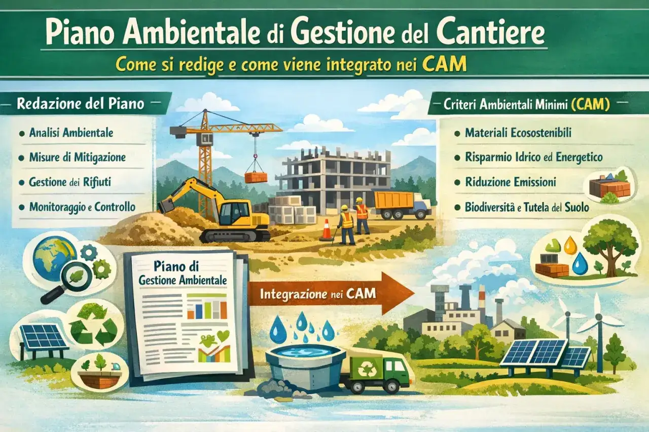 Illustrazione che mostra le fasi di un piano ambientale di cantierizzazione: redazione, criteri CAM, cantiere, e integrazione con energie rinnovabili e industria.