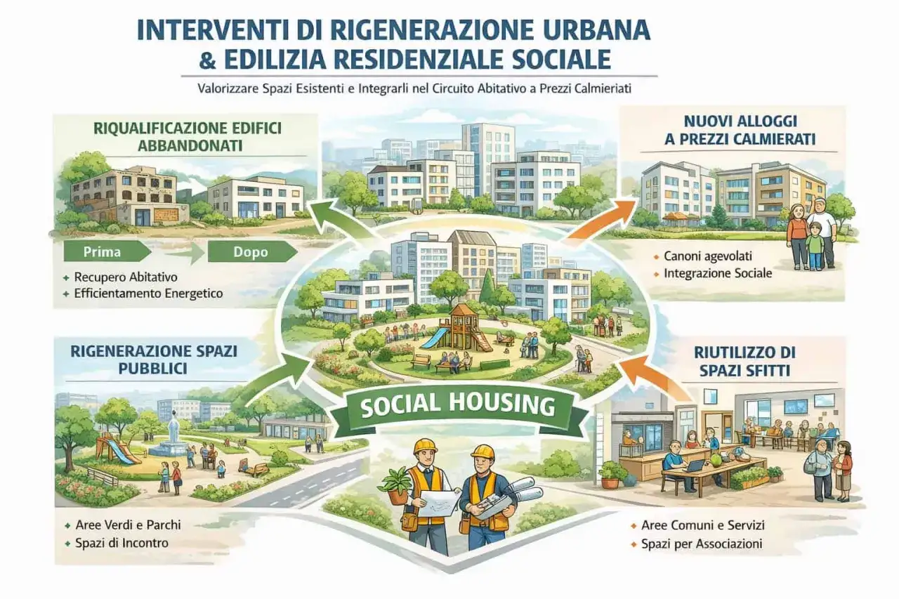 Illustrazione del piano casa 2026: riqualificazione edifici, rigenerazione spazi pubblici, nuovi alloggi e riutilizzo spazi sfitti per social housing.