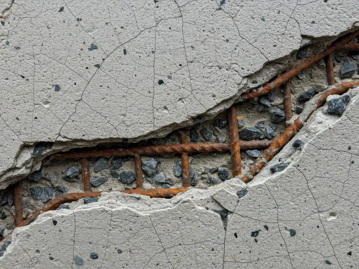 Cemento armato danneggiato, con armature arrugginite esposte. Le crepe sul calcestruzzo suggeriscono problemi di durata.