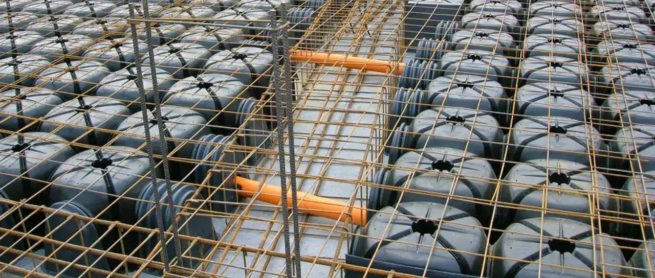 Struttura per vespaio aerato in Lombardia: moduli in plastica grigia e tubi arancioni sotto una rete di ferro.