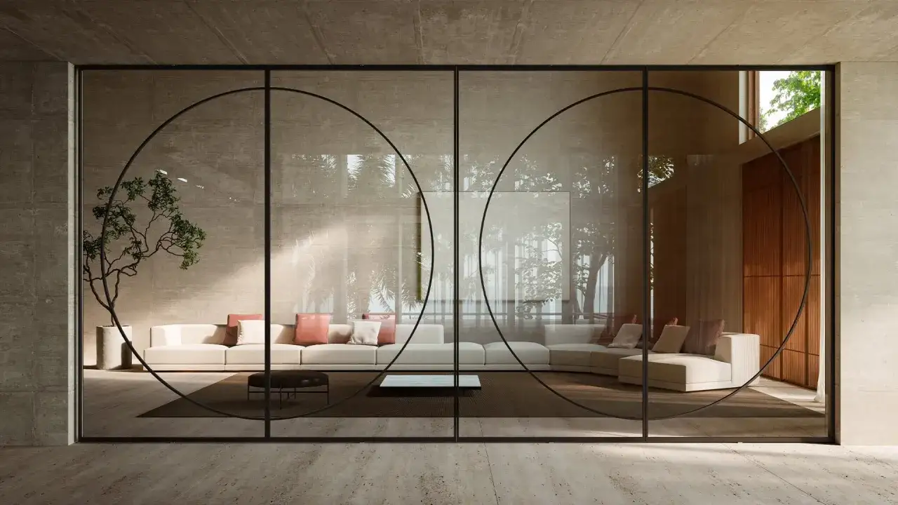 Archi interni casa con divano modulare, pianta e decorazioni circolari su vetrata.