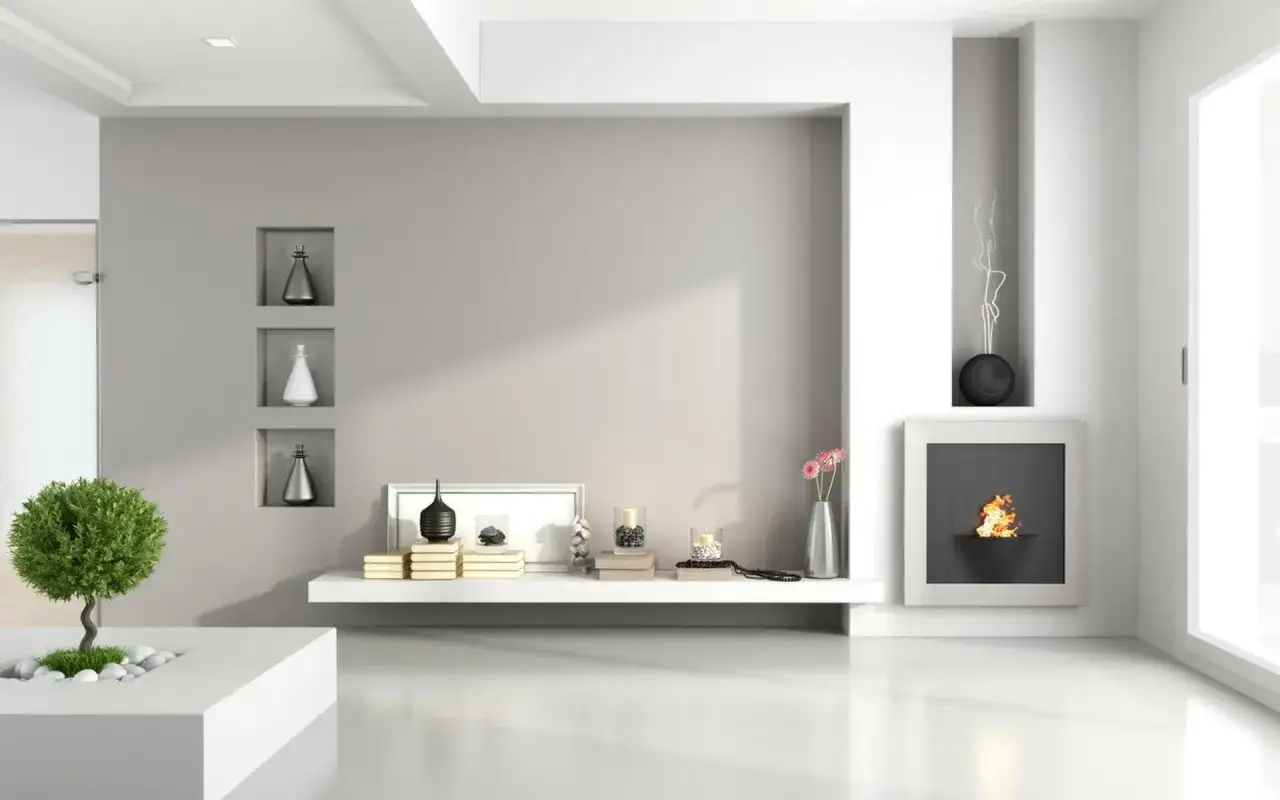 Moderna cameretta con nicchie in cartongesso, camino a gas e arredi minimalisti. Idee cartongesso cameretta per un design elegante.