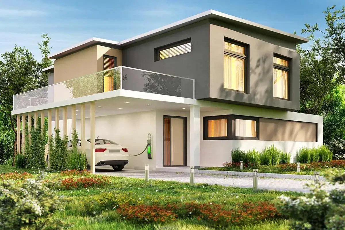 Casa moderna con tetto piano e un'auto elettrica in carica. Il colore intonaco esterno &egrave; un mix di grigio antracite e beige sabbia, con dettagli in vetro.