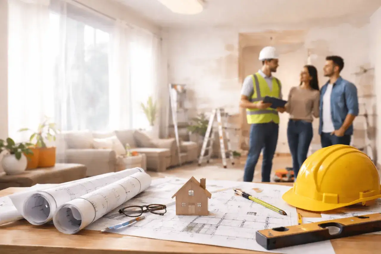Un architetto discute i progetti con una coppia, cila cos'&egrave; la loro futura casa. Sul tavolo, progetti, un modellino di casa, occhiali e un casco giallo.