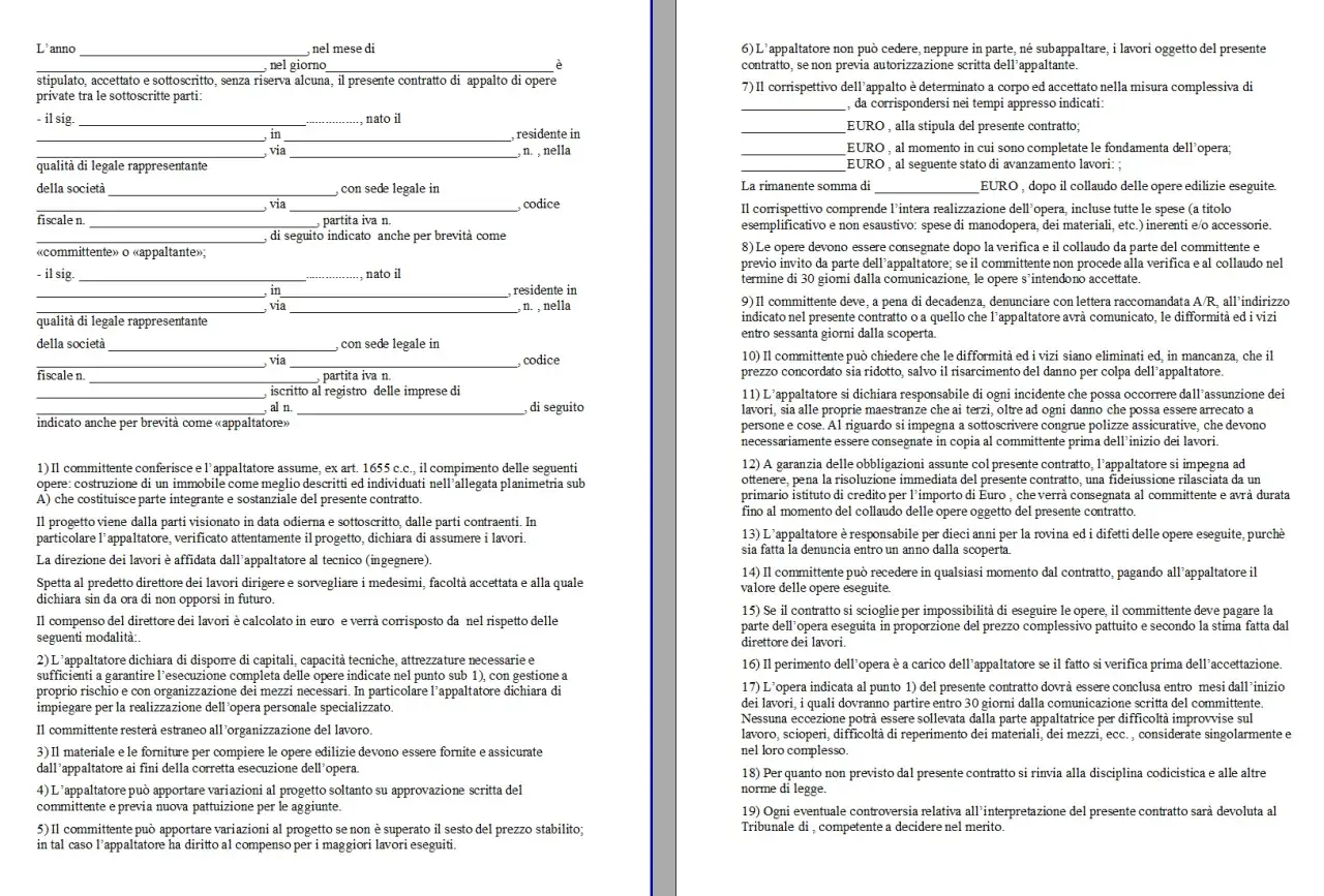Documento di capitolato dei lavori, con dettagli su committente, appaltatore e obblighi contrattuali.