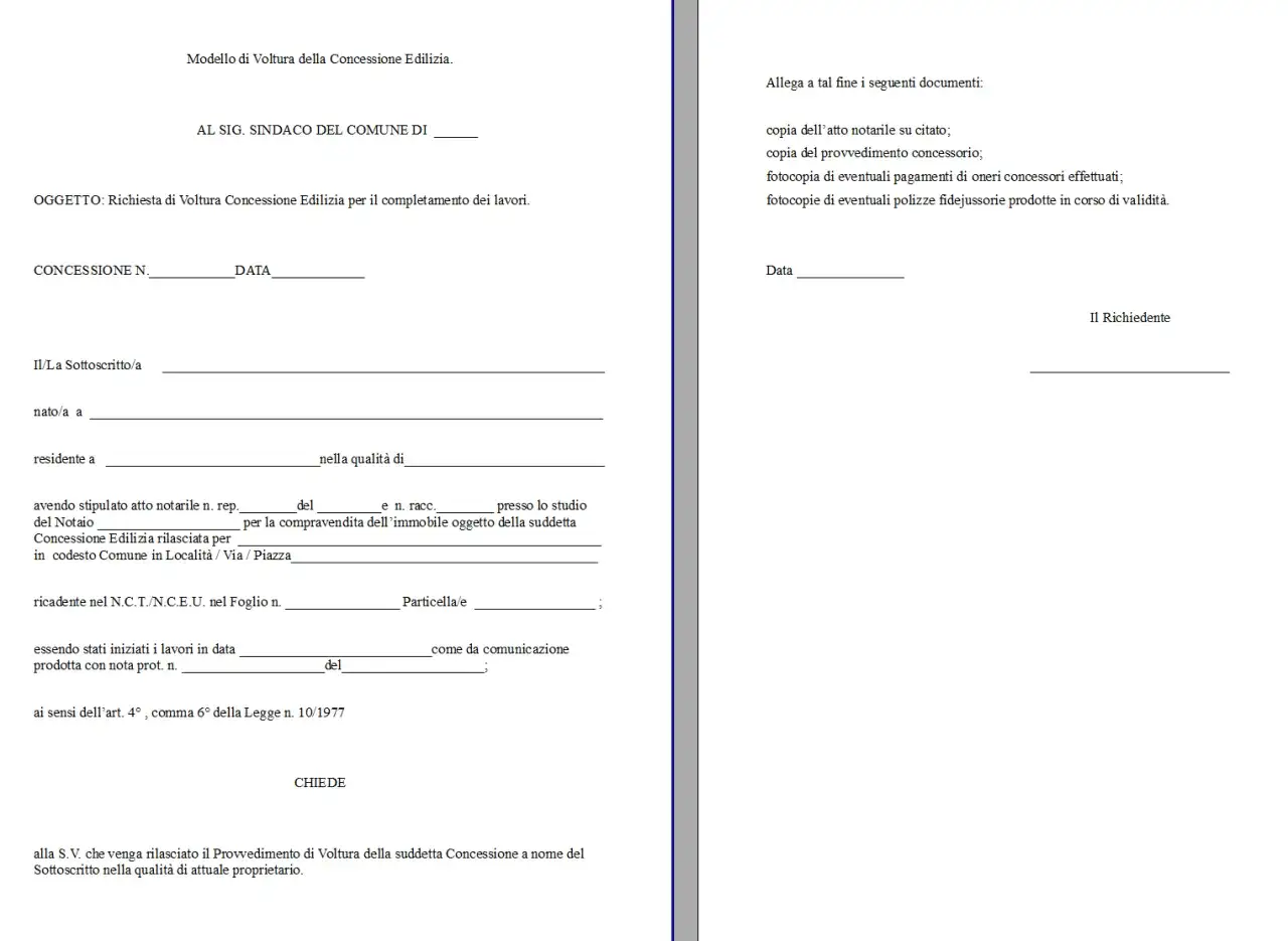 Modello di voltura per la concessione edilizia, con richiesta di aggiornamento al Comune. Include dettagli sull'immobile e sui documenti allegati.