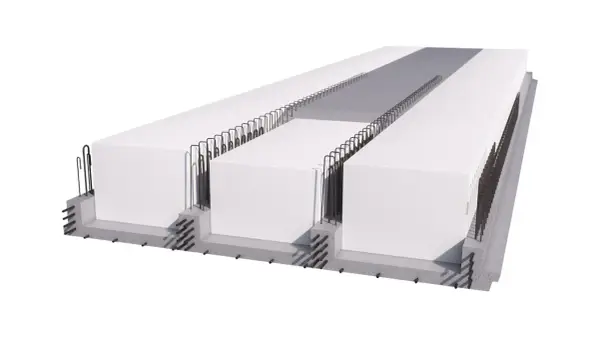 Sezione di un solaio in calcestruzzo armato precompresso con elementi prefabbricati in polistirene e armature metalliche.