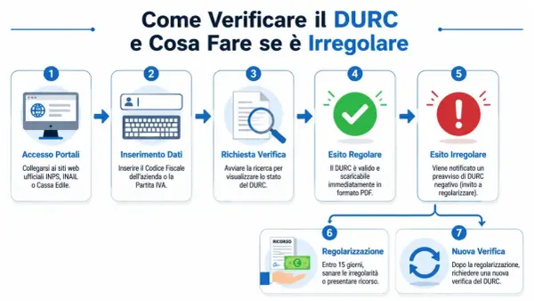Schema su come verificare il DURC: accesso portali, inserimento dati, richiesta verifica, esito regolare o irregolare, regolarizzazione e nuova verifica.