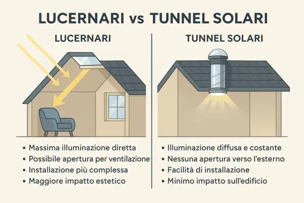 Confronto tra lucernari e tunnel solari: il lucernario porta luce diretta, il tunnel solare diffusa. Entrambi migliorano la luce solaio.