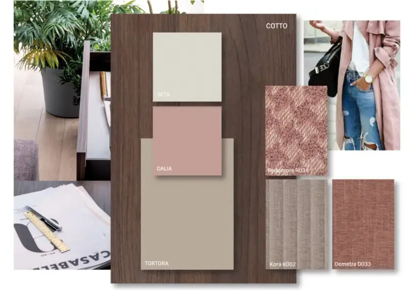 Moodboard con palette di colori da abbinare al rosa antico: tonalità neutre, tessuti e un tocco di denim.